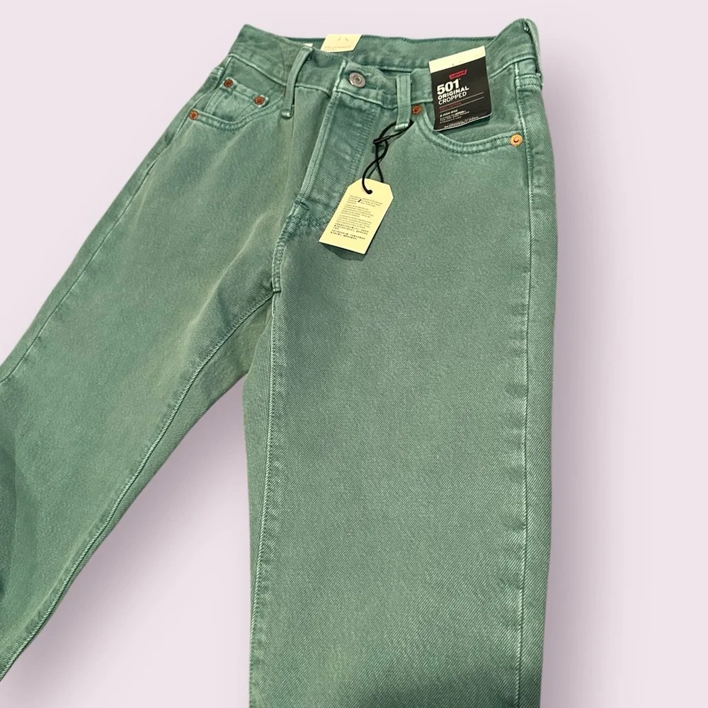Women's 501 Green Levi's Jeans Original Cropped High Rise Straight Leg - Picture 3 of 10